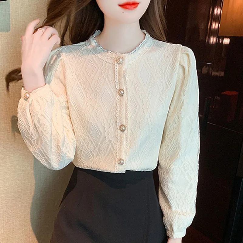 New O-Neck Women Shirt Long Sleeve Adding Velvet Thickening Lace Shirt Blouse Women Tops Camisas Blouses Camisas De Mujer M596