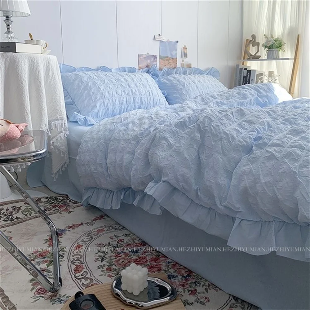 Quilt Cover INS Girl Blue Solid Color Seersucker Ruffles Lace Bedding Set Kawaii  Soft Sheet Woman Duvet Cover Pillow Covers images - 6