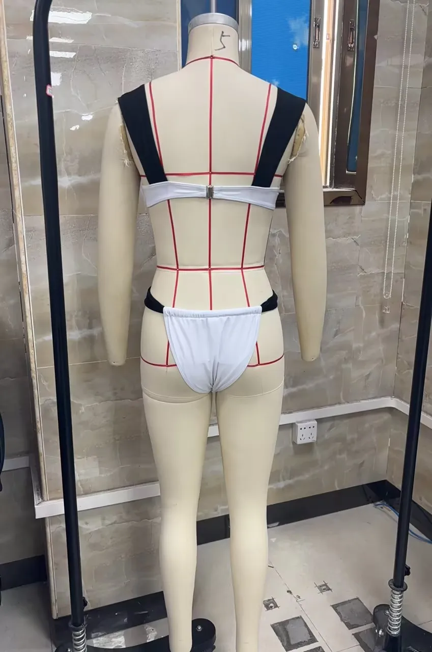Women's Two Piece Outfits Beachwear White Bikini Set with Black Straps and Decorative Center Bow 2Pcs Swimwear for Poolside
