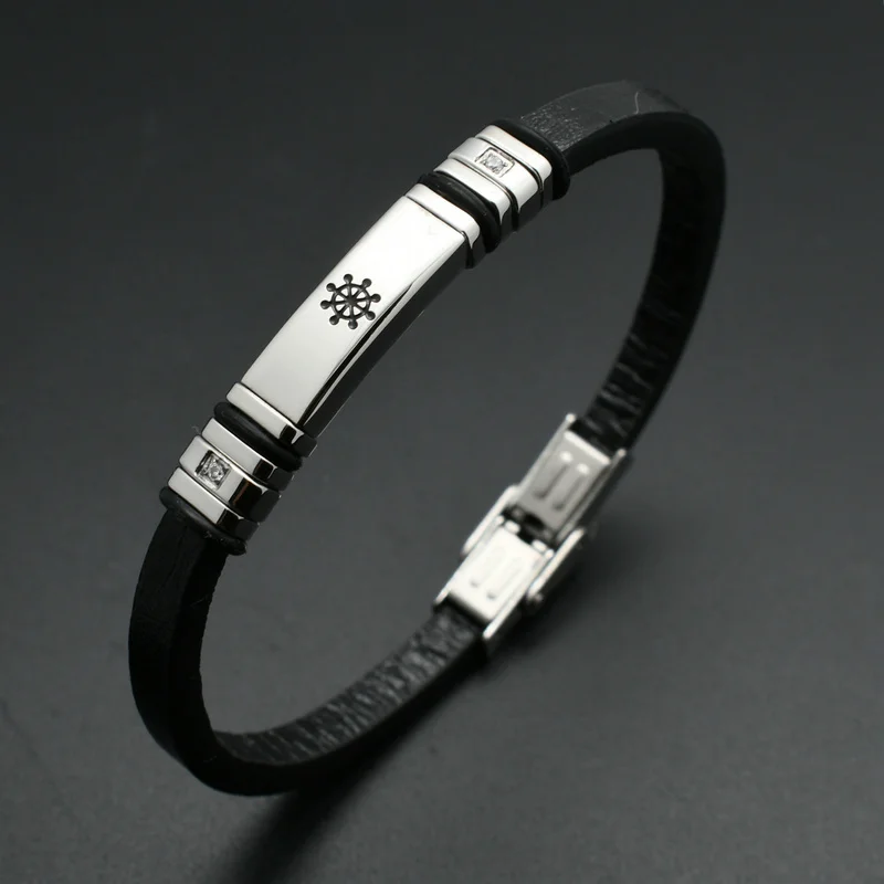 High Fashion Men's Jewelry Black Genuine Leather 304L Stainless Steel Black Enamel Rudder Bracelets