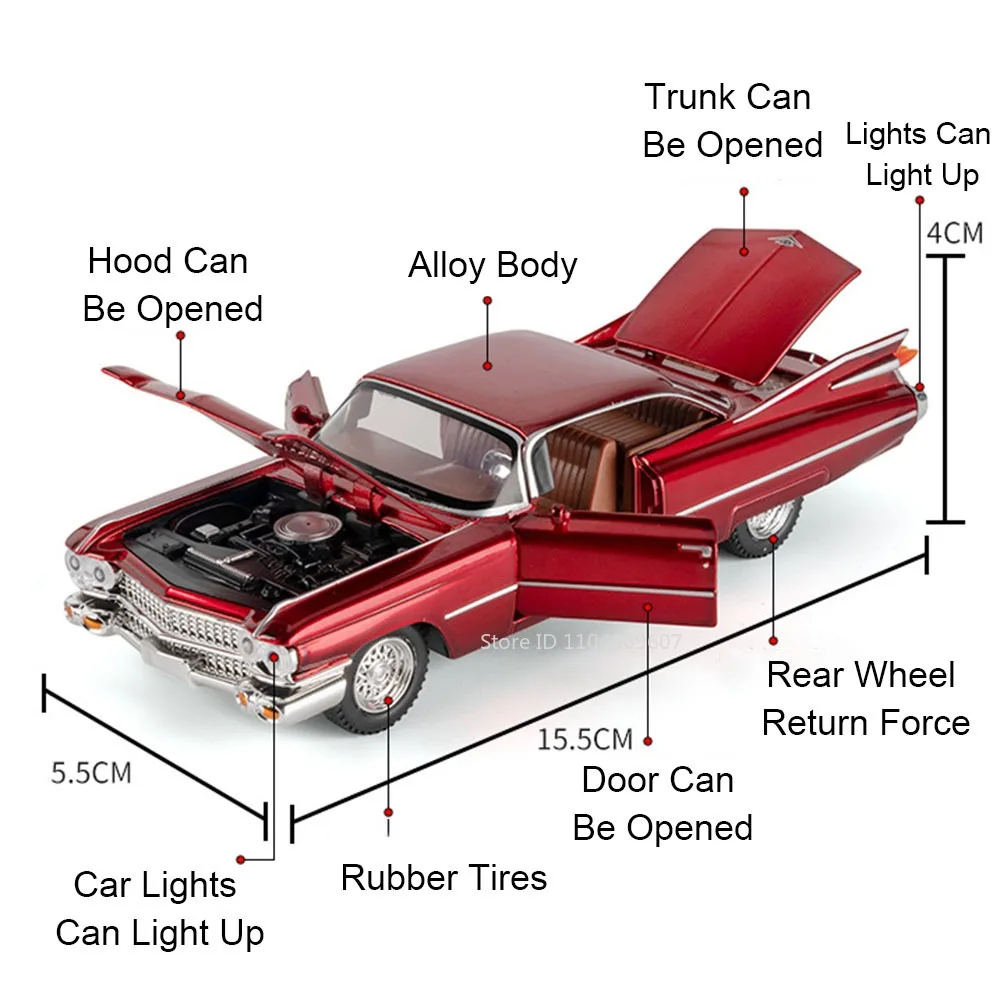 1:32 Eldorado Biarritz S-W140 Model Toy Vintage Car Alloy Diecast Sound Light Door Opened Pull Back Miniature Vehicle Kids Gifts