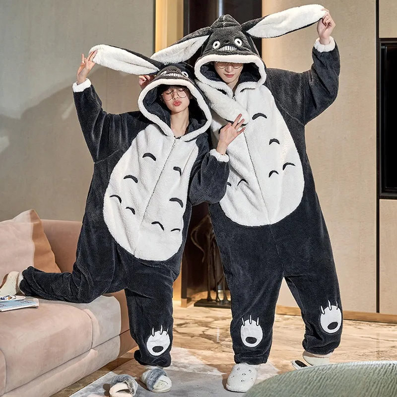 My Neighbor Totoro Winter Couple Matching Pajamas Thick Fluffy Plush Zipper Jumpsuit Cute Loungewear Warm Cozy Home Sleepwear view 4