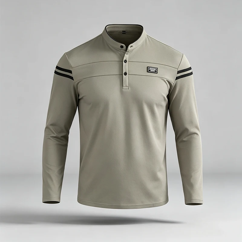 Herren Stehkragen Langarm-Poloshirt mit Knopfleiste, Brustpaneel-Emblem, Doppelstreifen am Ärmel, reguläre Passform, Business-Casual-Alltagsoberteil – Detail 3