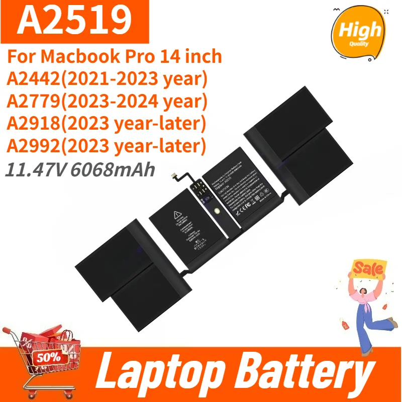 High Quality A2519 Laptop Battery 11.47V 6068mAh For Macbook Pro 14 inch A2442 A2779 A2918 A2992 Brand New Replacement Battery