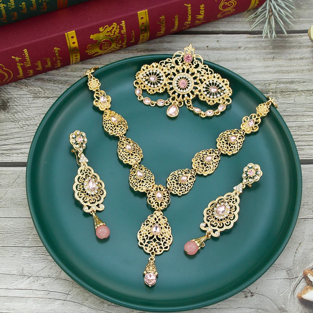 Sunspicems Gold Color Moroccan Bride Jewelry Sets for Women Caftan Brooch Earring Necklace Set Algeria Flower Pendant Necklace