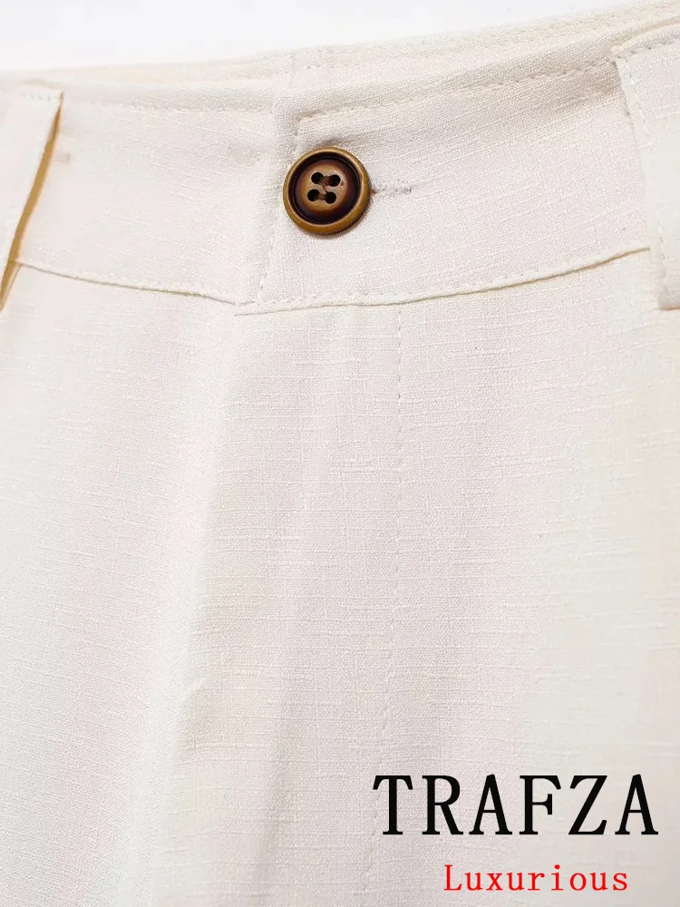 TRAFZA-Terno bordado chique vintage para mulheres, blusa de peito único, calças soltas, colarinho virado para baixo, moda natalícia, conjuntos de outono, 2024