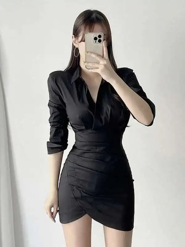 WOMENGAGA Korea Schlank Schulter Polsterung Sexy Taille Schließen Feminine Gefaltetes Hemd Hüfte Gewickelt Kleid Weibliche Kleid Elegante W05U