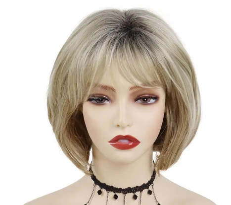 Bob Cut Natural Synthetic Hair Wigs for Women Lady Blonde Wigs with Bangs Daily Dress Party Adjustable Cap Size Heat Resistant