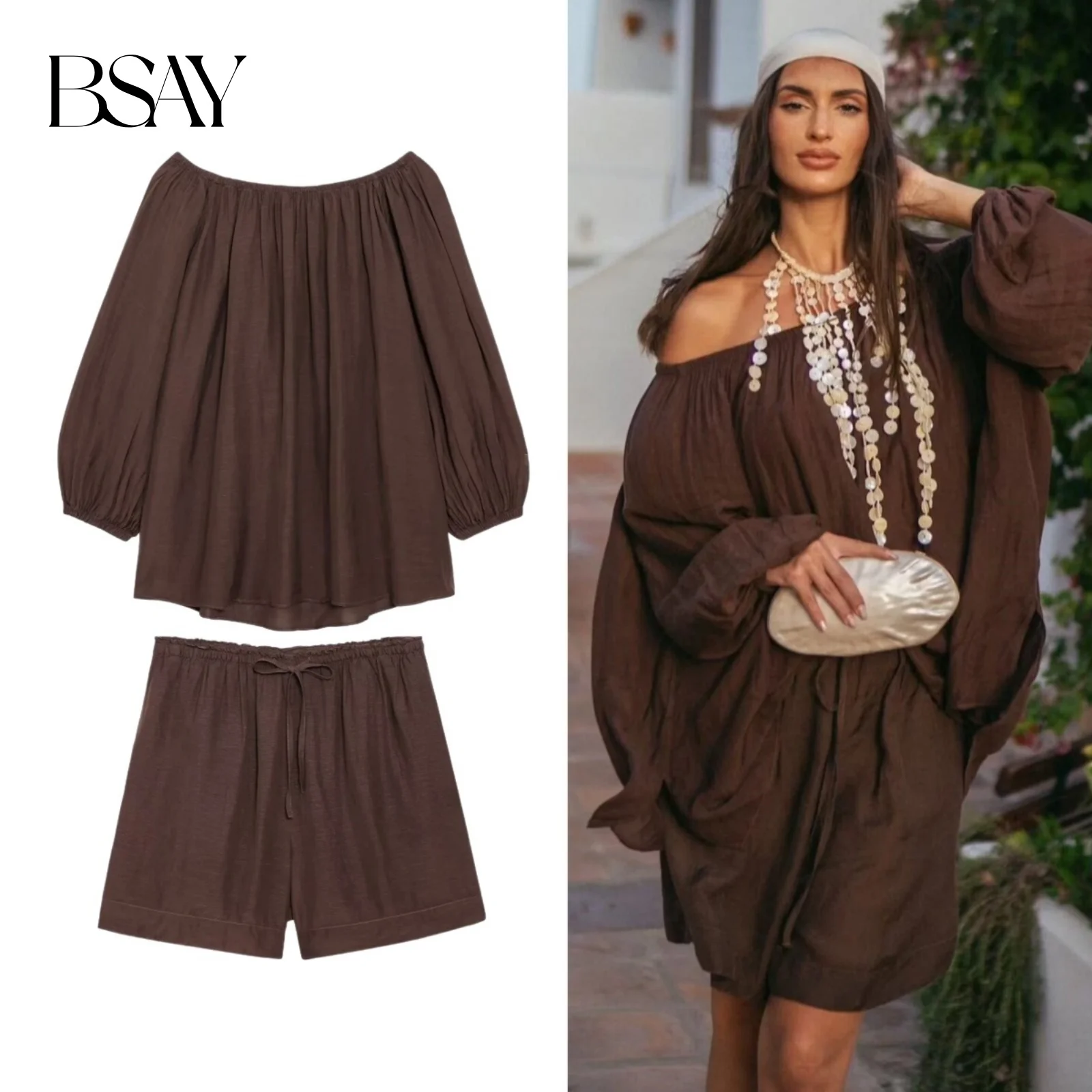 

BSAY, повседневный комплект шорт с одним воротником, лето 2021, новый продукт, свободный удобный топ или подвесные однотонные шорты с плечами