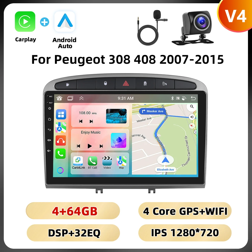 Podofo 2Din 9 ''Autoradio Voor Peugeot 308 408 2007-2015 Multimedia Speler Android Auto Carplay WIFI 4G GPS AI Voice Auto Audio
