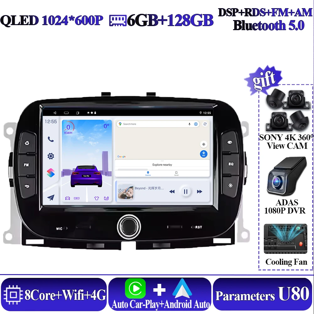 Android 16 Draadloze Carplay Voor FIAT 500 2016 2017 2018 2019 Intelligent Systeem 8 core Auto Multimedia Speler 5G Touch display