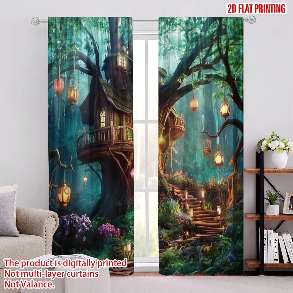 

2Pcs Enchanted Forest Curtain Green Trees Cabin Lantern Print Window Drapes For Bedroom Living Room Kitchen Multi Scene