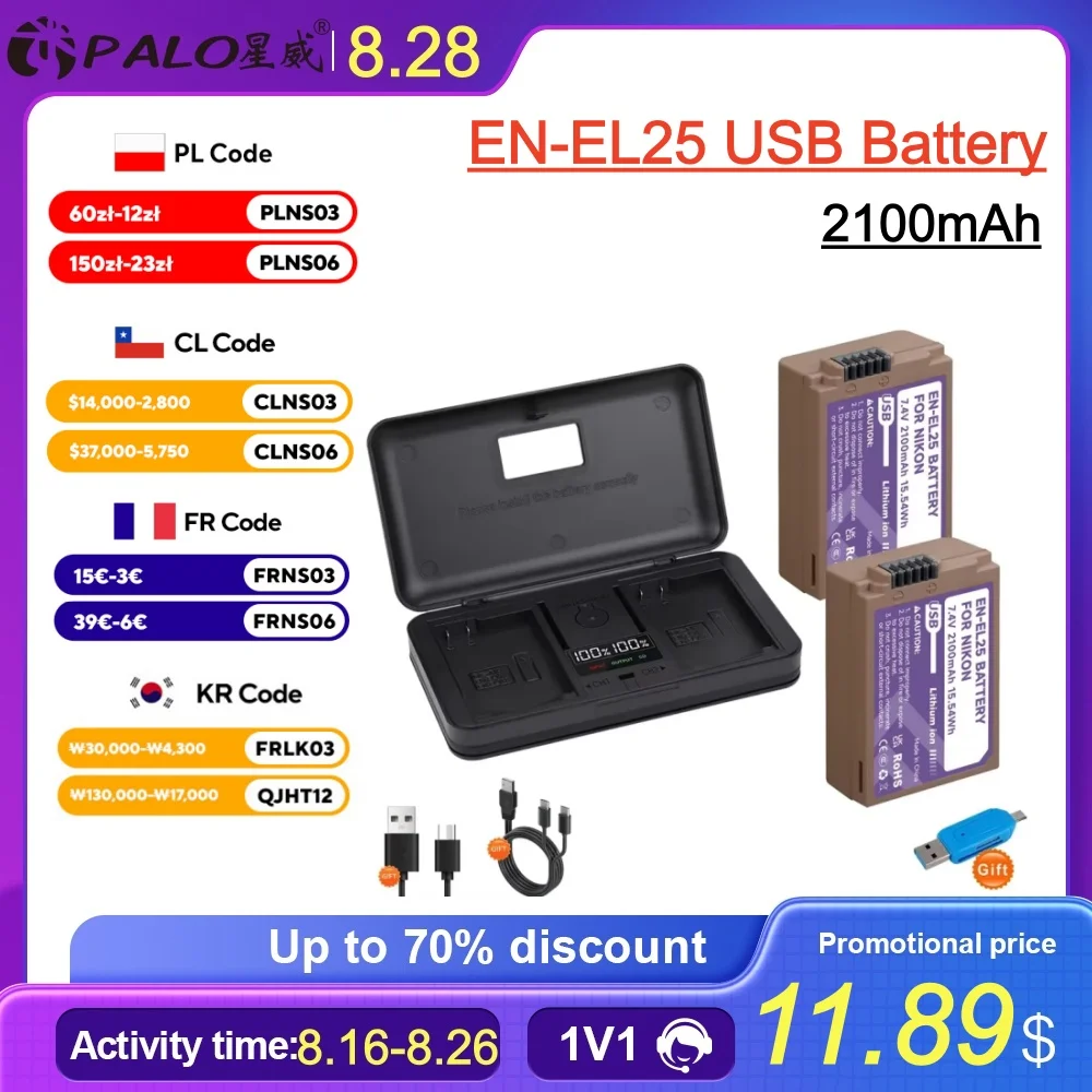 EN-EL25 Akku mit Typ-C-Ladegerät 7,4 V 2100 mAh EN EL25 Akku für Nikon Z50 Z30 Z 50 ZFC Kamera El25a Bateria