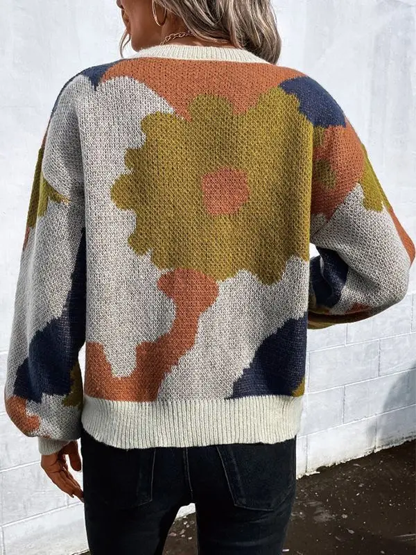 Fall/Winter Round-neck Long-sleeved Knitted Top Fashionable and Versatile Plaid Casual Pullover Sweater