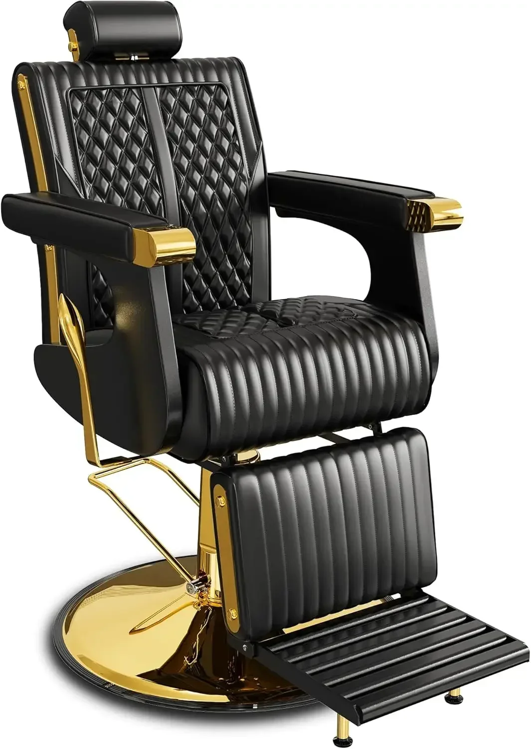 Classic Gold Reclining Barber Chair, Luxury Trim Design with PU Upholstery, Comfortable Cushion and Swivel Base, 440 lbs Capacit
