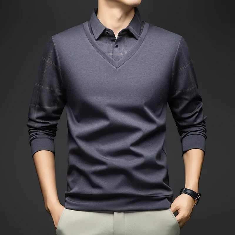 

BROWON 2025: весна-осень, элегантные рубашки поло с длинными рукавами, мужская одежда для гольфа, рубашка поло с двумя дизайнами, большие топы, футболки для мужчин