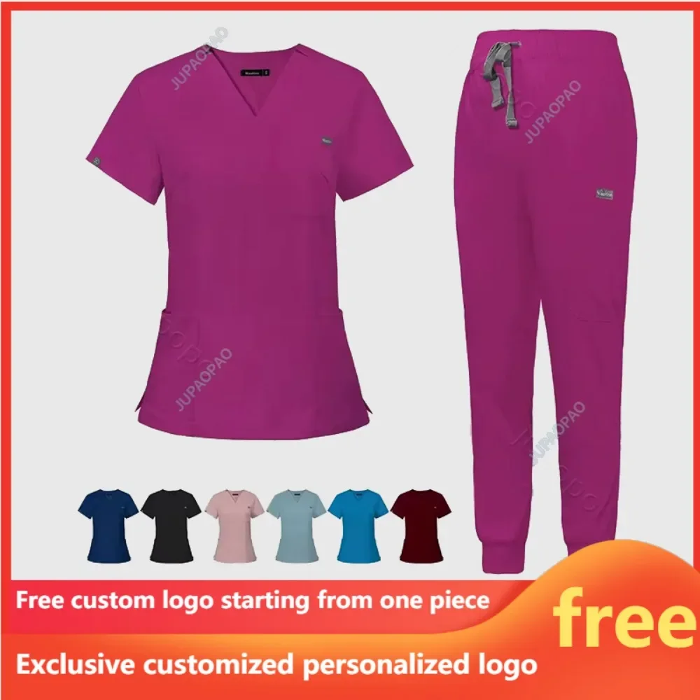 Wholesale One Free Customized Logo Multicolor Scrubs Uniform Short Sleeve Tops+Pants Nursing Uniform Women Workwear Scrub Set