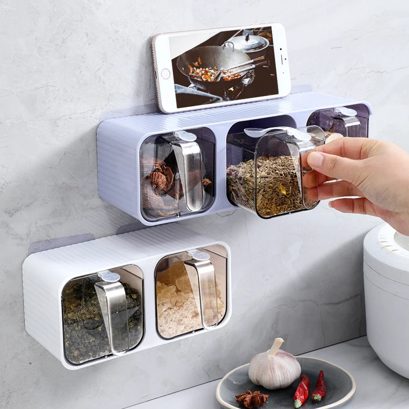 Wall-mounted Seasoning Box Spice Rack Sugar Bowl Salt Shaker Seasoning Container Spice Box With Spoons Kitchen Storage Organizer