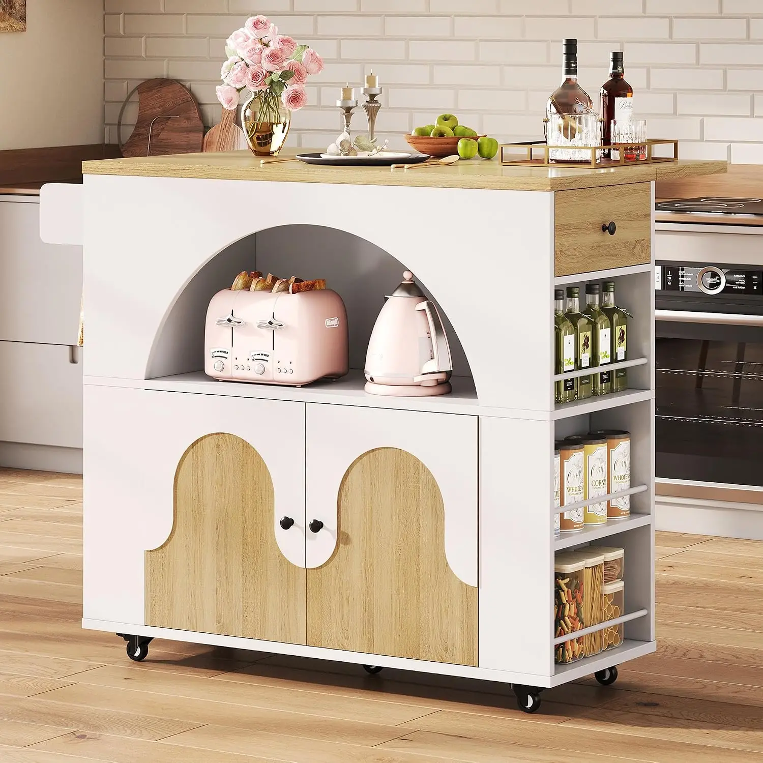 Kitchen Island With Drop Leaf & Open Shelf, White & Natural, 41.3