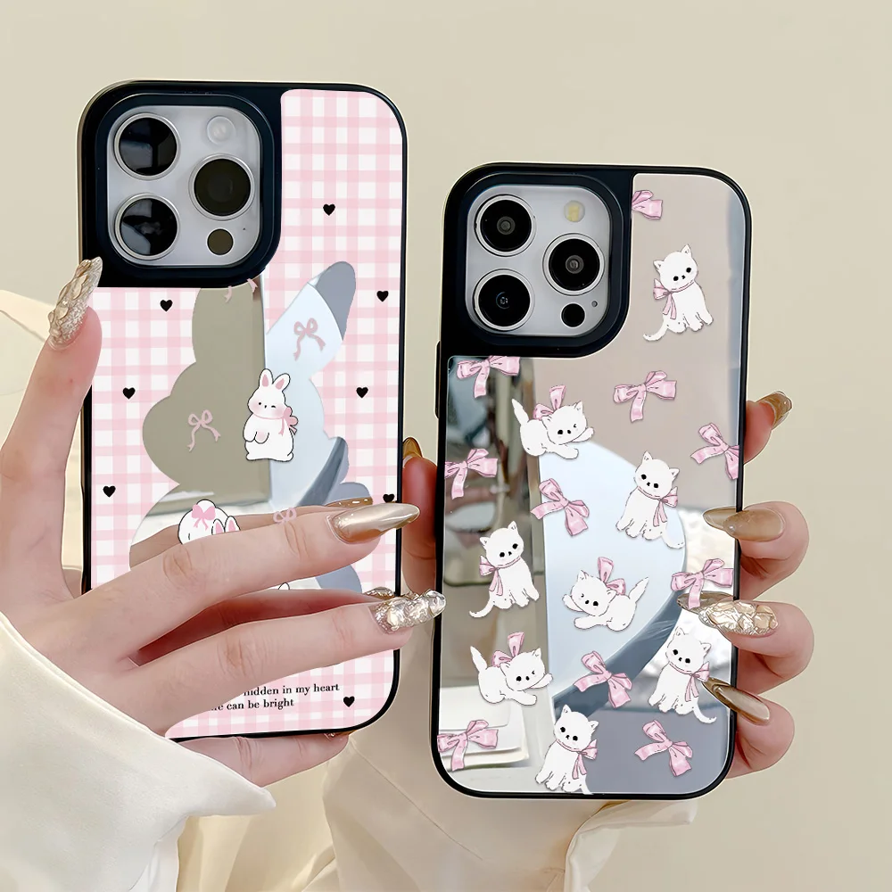 เคสโทรศัพท์ลายการ์ตูนสัตว์แมวน่ารักพร้อมกระจก สำหรับ iPhone 16 Pro, iPhone 14, 13, 15, 11, 12, 17 Pro Max เคสซิลิโคนนิ่มกันกระแทก