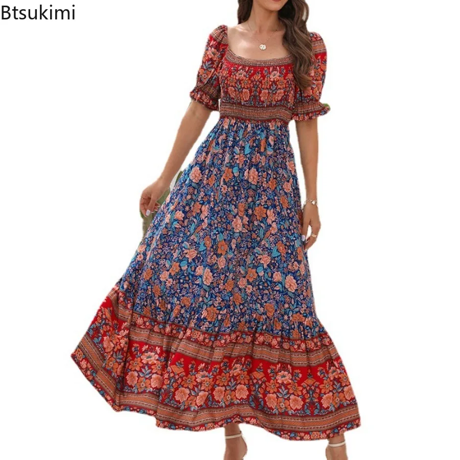 Nieuwe 2024 Dames Zomer Boho Bloemenprint Strand Zonnejurk Korte Mouw Vierkante Hals Ruche Geplooide Jurk Voor Meisjes Bohemien Jurk