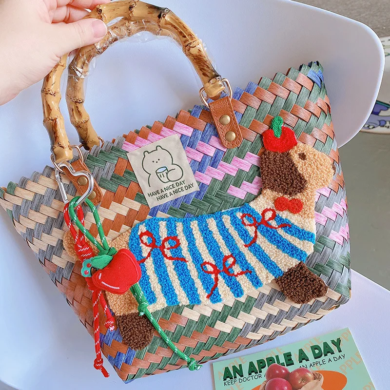 HD7314A1Vintage Stripe Sausage Dog Repair Woven Handbag Nylon Rope Pendant Tote Handbag Women