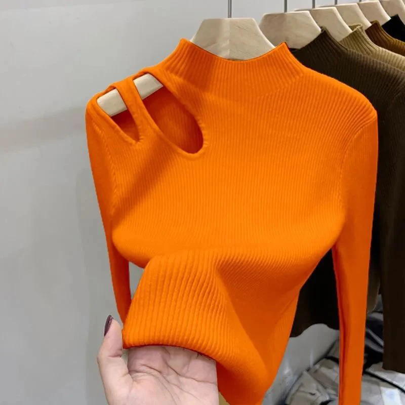 Suéteres de punto de cuello alto para mujer, Tops ajustados ahuecados sexys, suaves y cálidas prendas de punto, puente básico informal para mujer, Otoño e Invierno