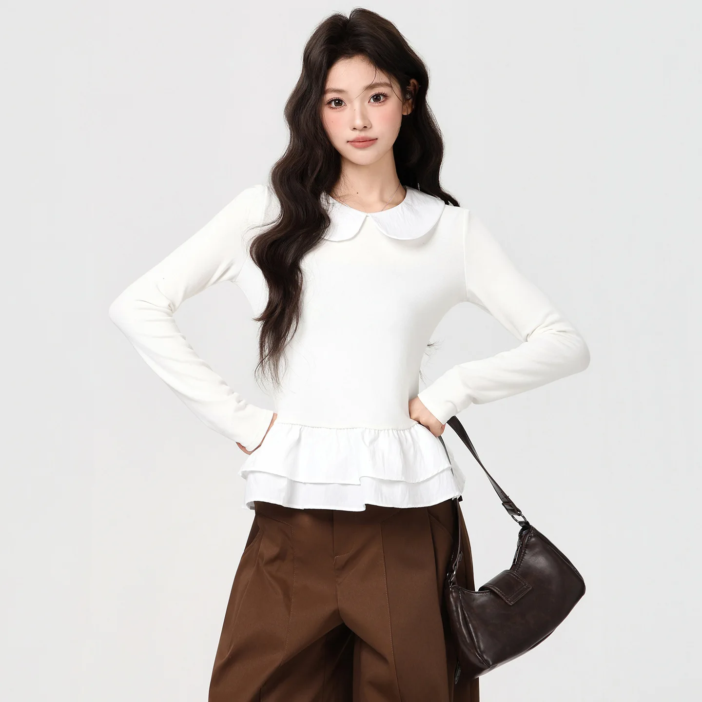 

Collar Long Sleeve Base Shirt Inner T-Shirt Ballet Style Hem Autumn Winter Hollow Out Fleece Lined Top For Women