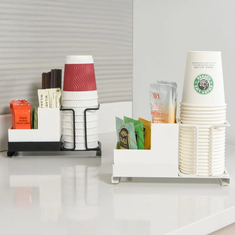 Coffee Tea and Sugar Storage Organizer Box for Kitchen - Countertop Holder for Milk Packets with Disposable Cup Rack for Counter
