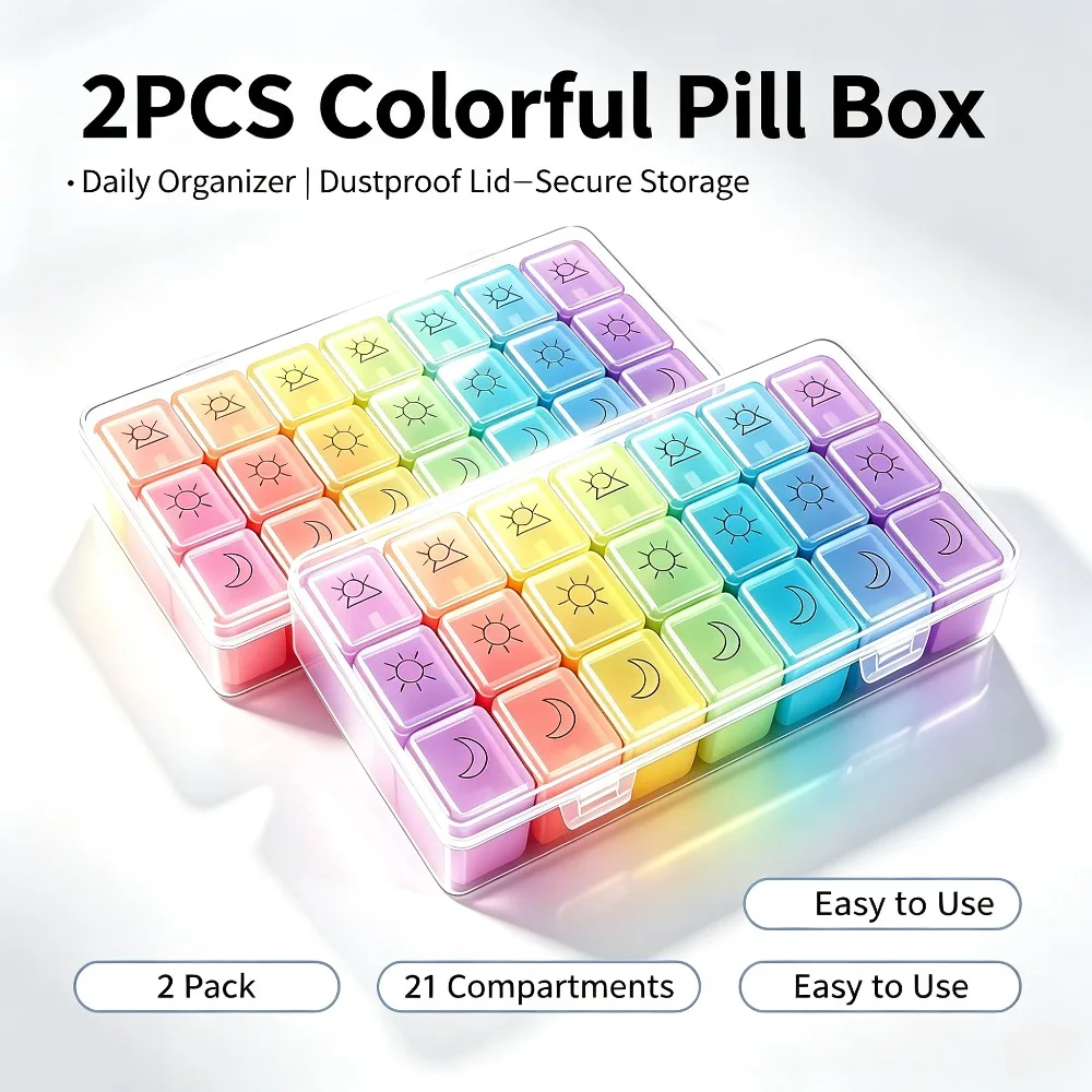 2 Piece Weekly Pill Storage Box, 21 Compartments 7 Days Pill Organizer, 3 Color Coded Pill Bottles for 3 Times A Day, Dust Proof Storage Case Marked Morning Noon Evening, Portable Travel Vitamin Supplement Box