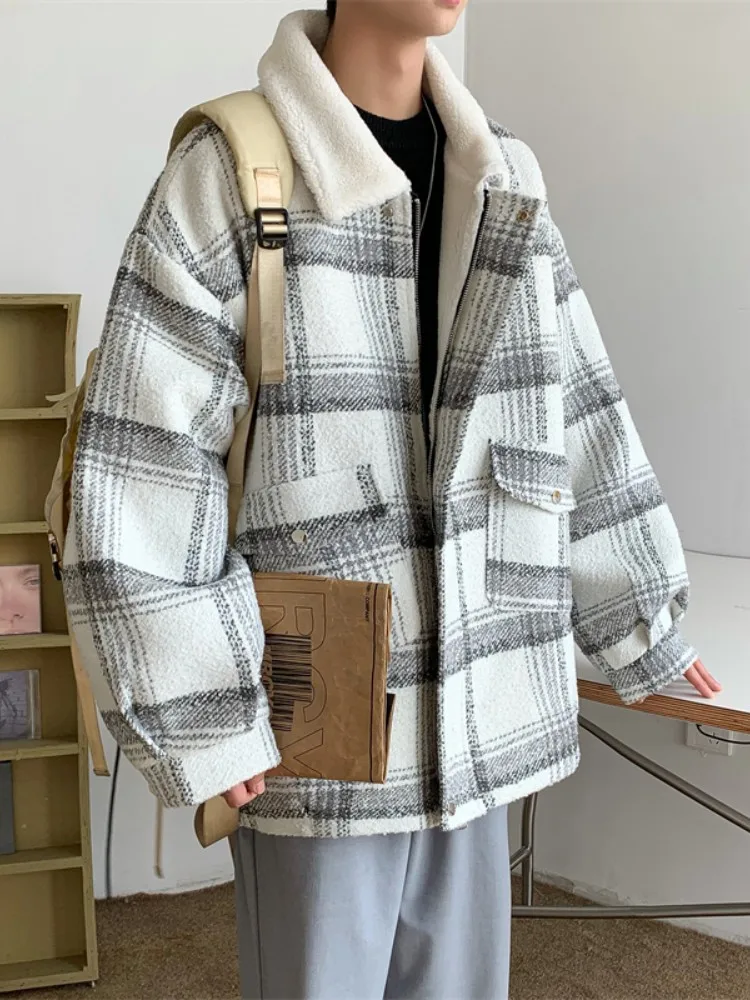 

Lamb Fur Plaid Jaet Men Winter Thiened Cotton Clothes Trendy INS Collar Couple Cotton Clothes Lamb Velvet Cotton Coat