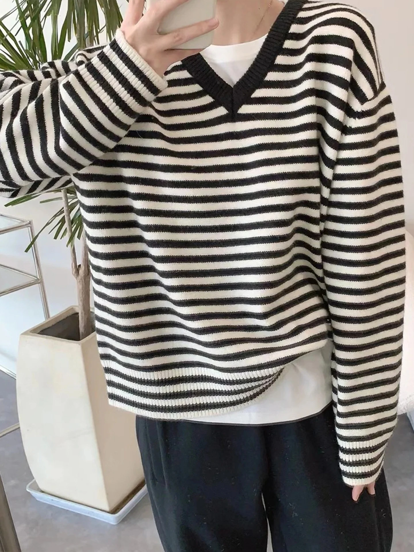 

Модный цветной полосатый дизайн, свитер V-Ne, свободный длинный вязаный топ све на осень, универсальный удобный ленивый слей
