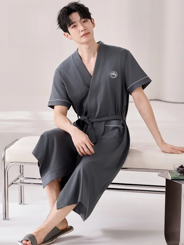 Pure Cotton Men's Robe Summer Bathrobe Casual One-Piece Sleepwear Lightweight Knee-Length Cotton Kimono Morning Gown