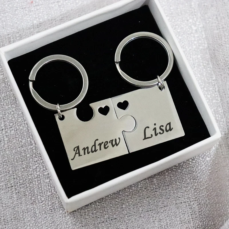 

Stainless Steel Rectangle Puzzles Name Custom Family Couples Keychain Hollow Heart Text Personalized Bag Charm Car Key Ring Gift
