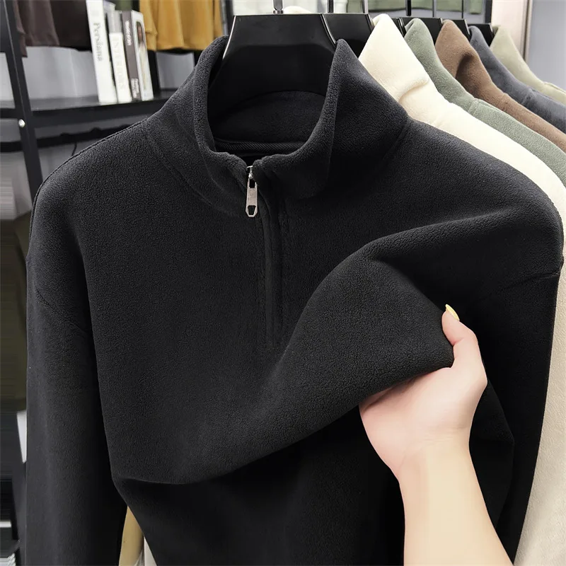 بلوفر رجالي أنيق بنصف سحاب وياقة واقفة من المخمل عالي الجودة مريح للخريف والشتاء الدافئ بلون سادة سترة جديدة غير رسمية #2