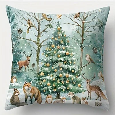 Home Decor Christmas Winter Forest & Snow Creatures Pattern Cushion Cover Suitable For Sofa Bedroom Car Pillow Cover