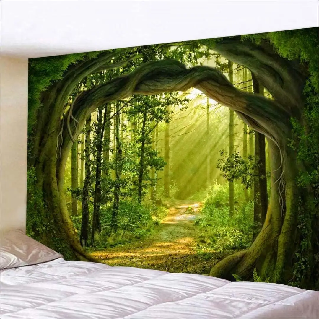 Enchanted Forest Tapestry Nature Sunshine Lanscape Green Tree Cave Tapestries Wall Hanging Living Room Bedroom Home Decorations