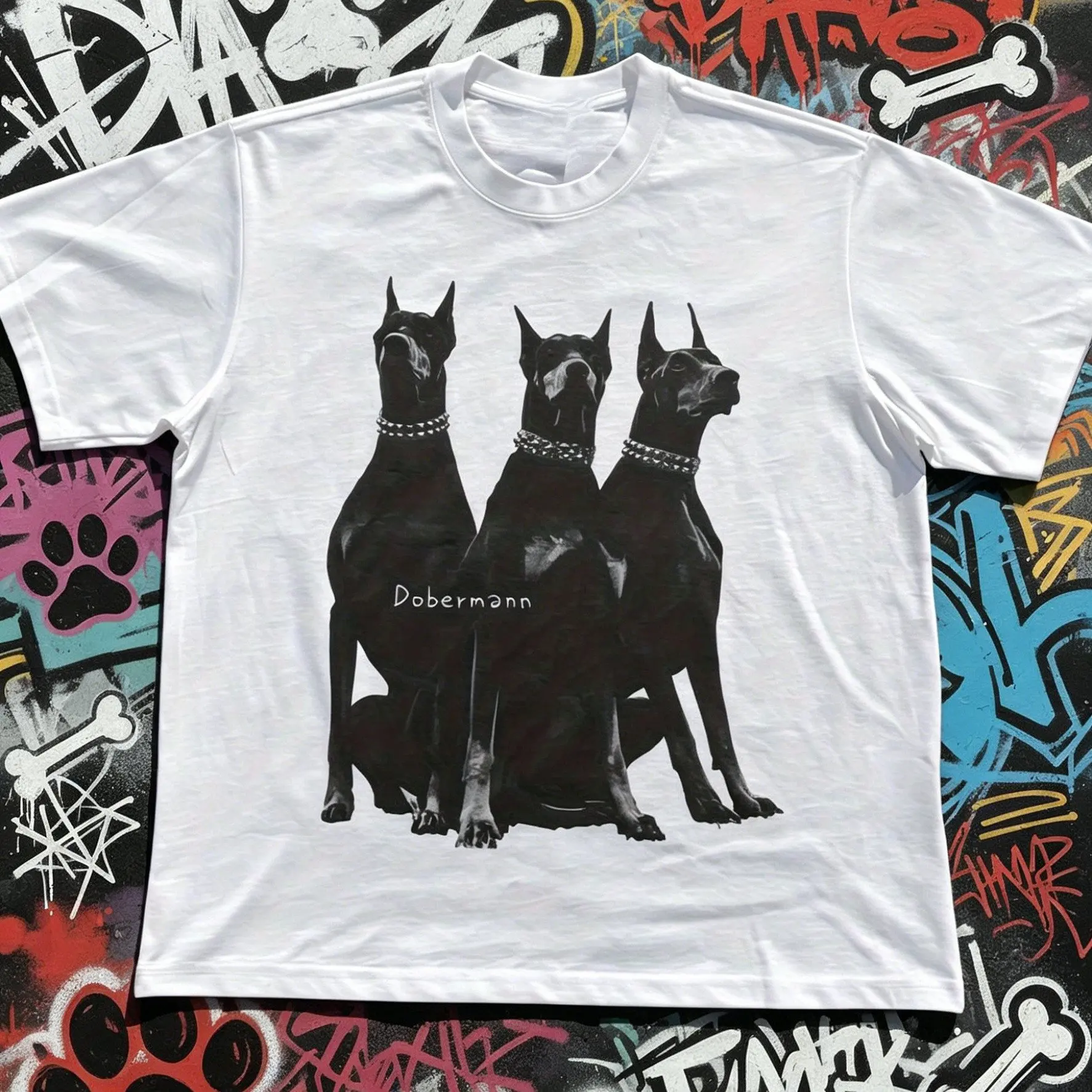 Doberman Pinscher Print T-Shirt for Men and Women Striking Black and White Doberman Print Street Style T-shirt with German