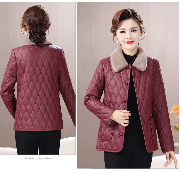 Madri di mezza età con giacca imbottita in cotone caldo velluto Cappotto da donna in similpelle alla moda Giacca invernale in cotone felpato