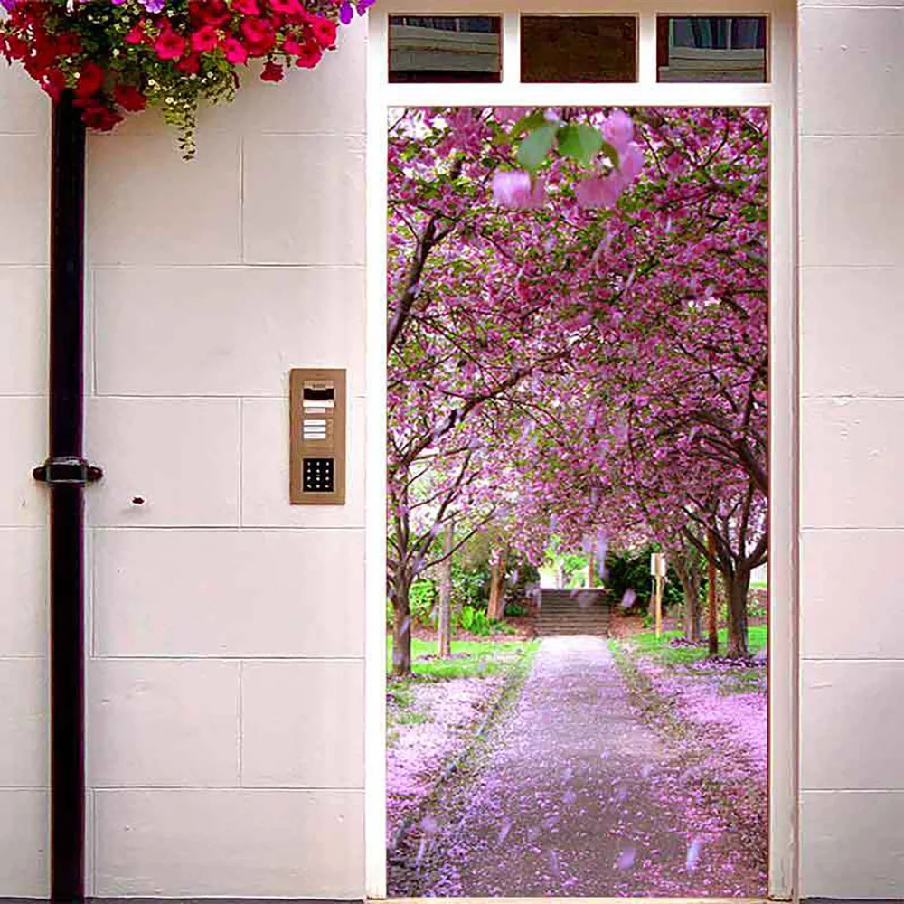 Cherry Blossoms Path Mural Door Art Stickers Self-adhesive Entrance Door Bedroom Kitchen Beautification Door Wrap Cover Decals
