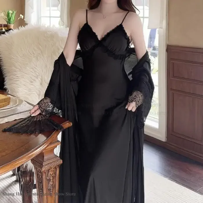 

Элегантный длинный халат, ночная рубашка, комплект из 2 предметов, весна-лето, новая женская одежда для сна, домашняя одежда, сексуальная кружевная ночная рубашка из искусственного шелка, домашняя одежда, нижнее белье