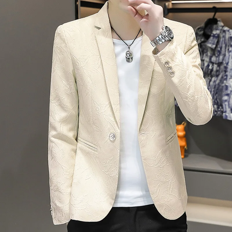 HOO 2024, men's new jacquard blazer solid color one-button casual slim-fit   blazer