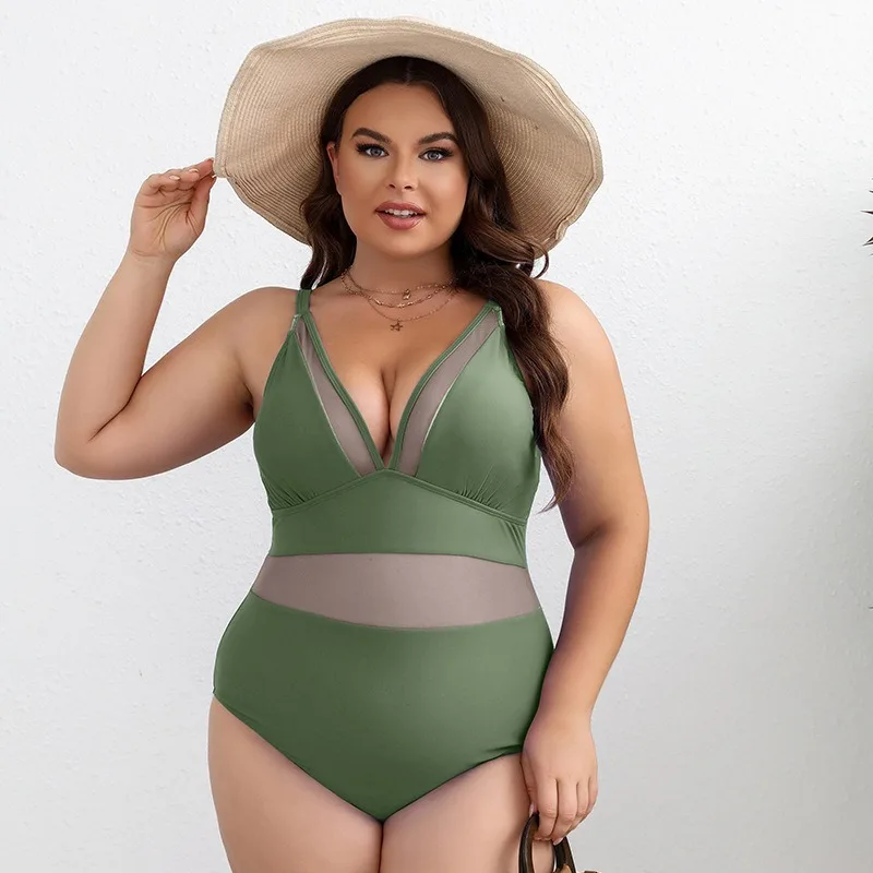 One-piece Mesh Splicing Swimsuit, Feminine Tight High Waist Backless Large Size Bikini Women's Swimsuit with Chest Pad