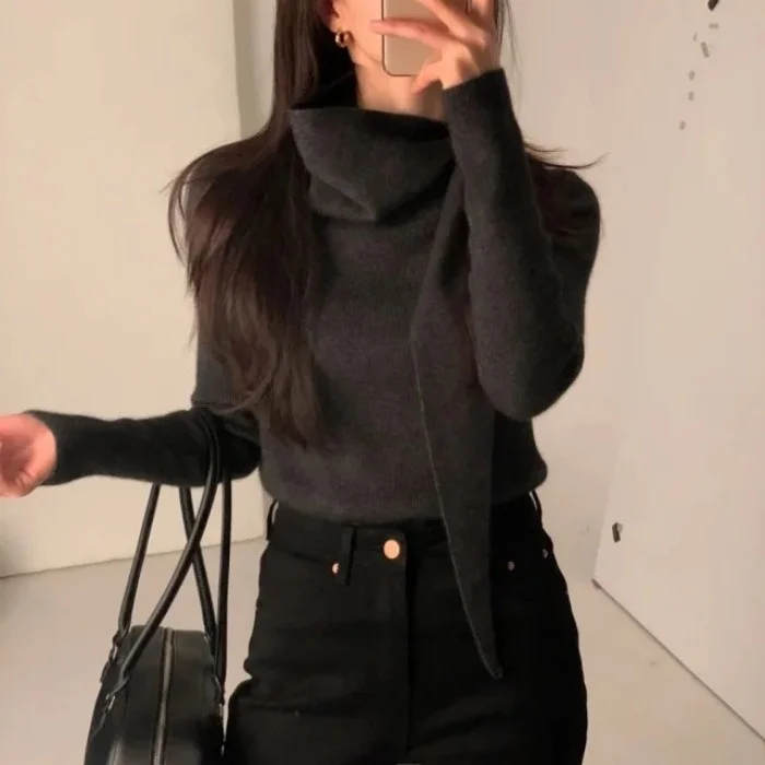 

New Ins Design Versatile Scarf Sle Knitted Sweater Casual Sle All Seasons Women's Long Sve Knitwear Chinese Production