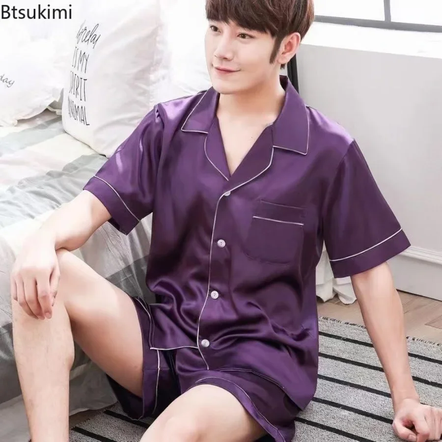 New Summer Men Pajama Sets Silk Satin Pijama Turn-down Collar Sleepwear Short Sleeve Nightwear Male 2 Pieces Sets Homewear 5XL