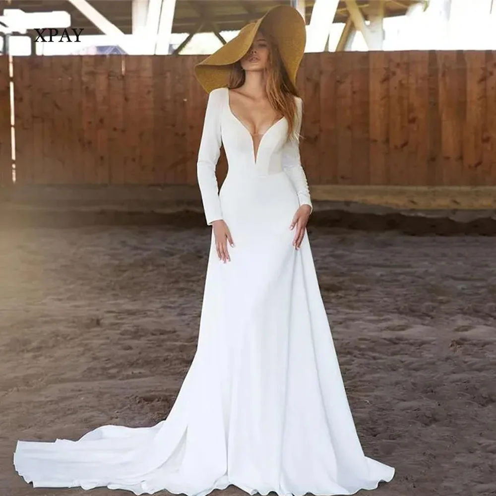 

XPAY Simple Long Sleeves Wedding Dresses 2024 Sexy Deep V Neck Pleat Bridal Gown Backless Sweep Train Civil Robe De Mariee