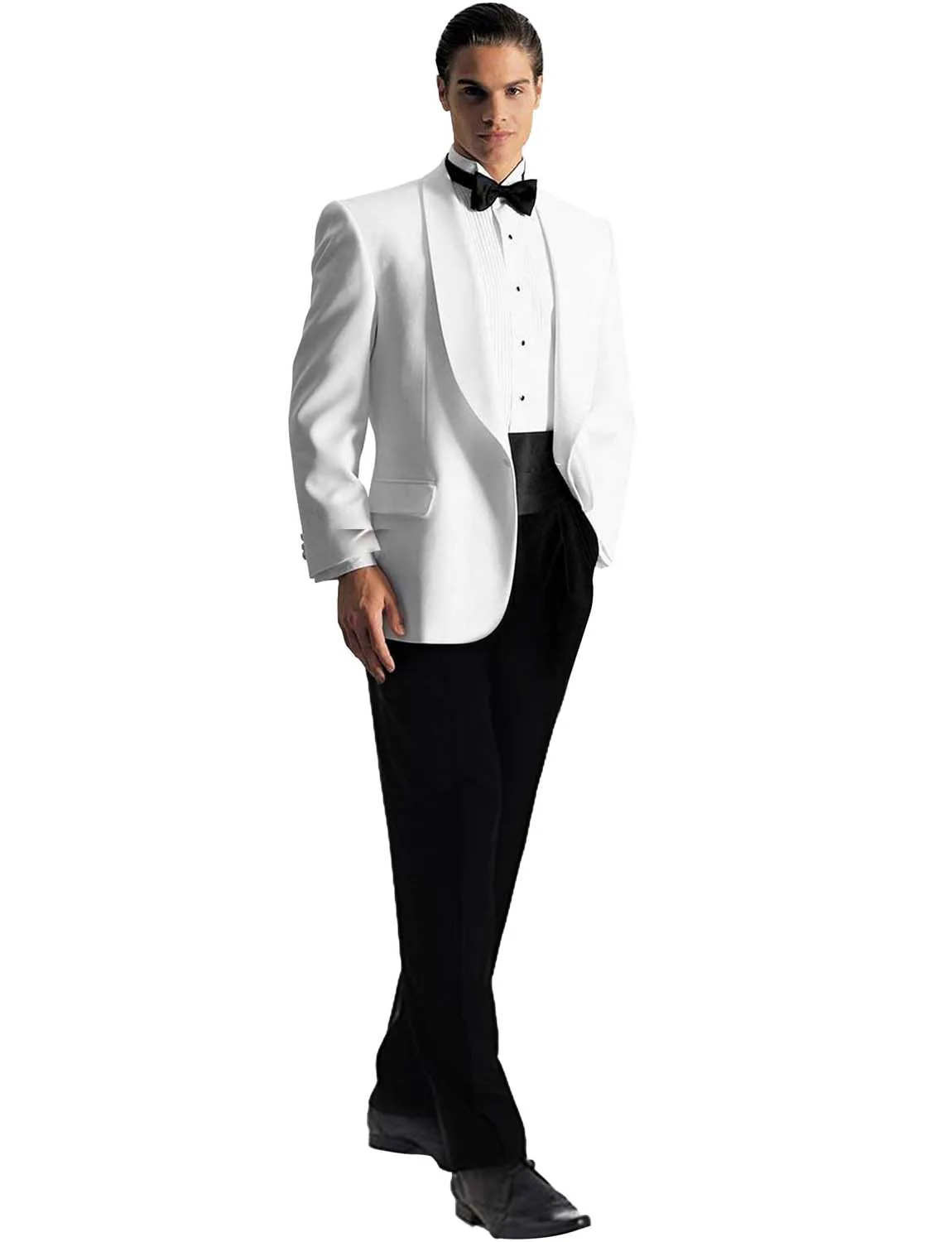 Men\'s Suits 2 Pieces Shawl Lapel Slim Fit Wedding Dinner Tuxedo Suits for Men Business Casual White Jacket & Black Trousers