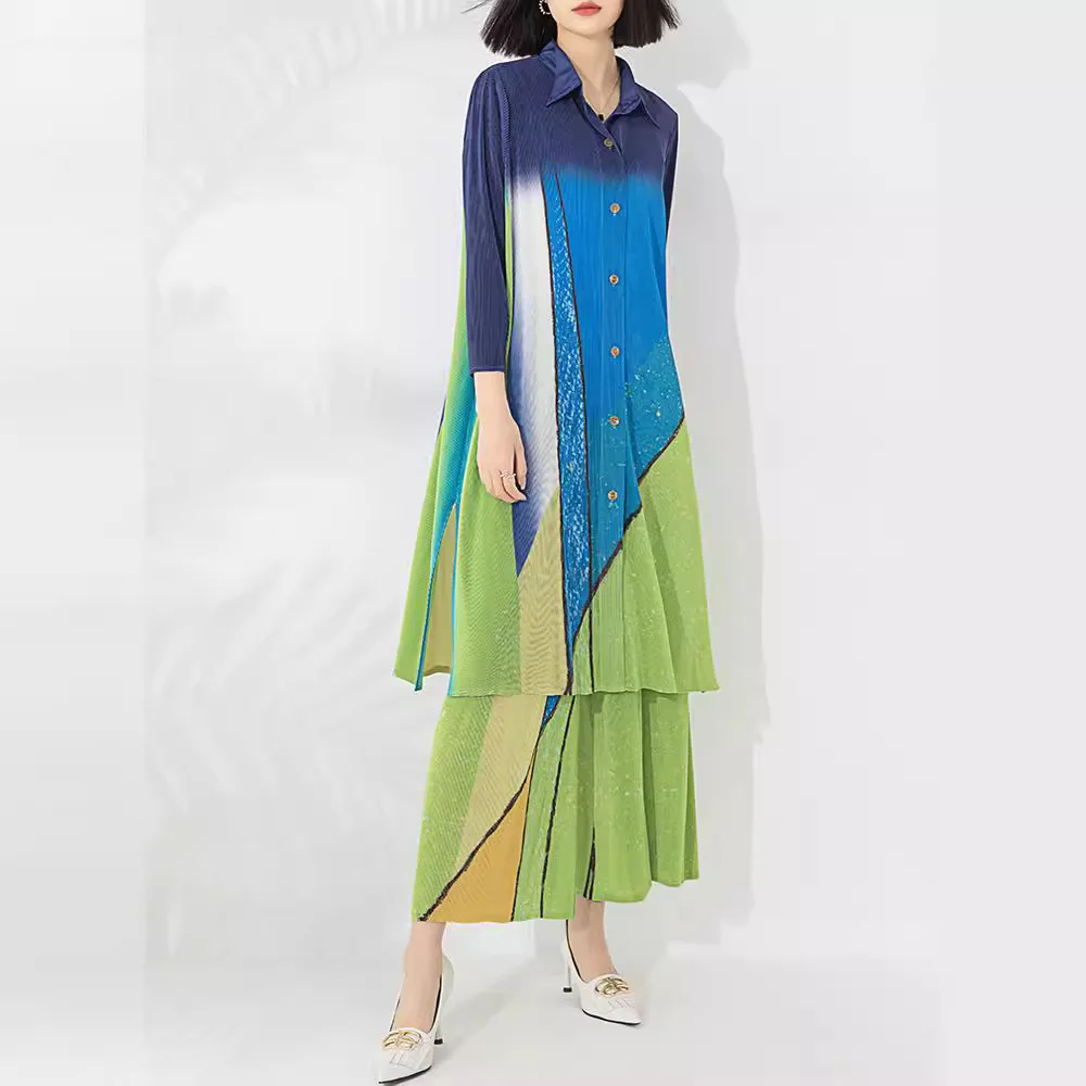 two piece set women Miyake Pleated Fashion plus-size seven-quarter sleeve long top+Nine straight leg pants