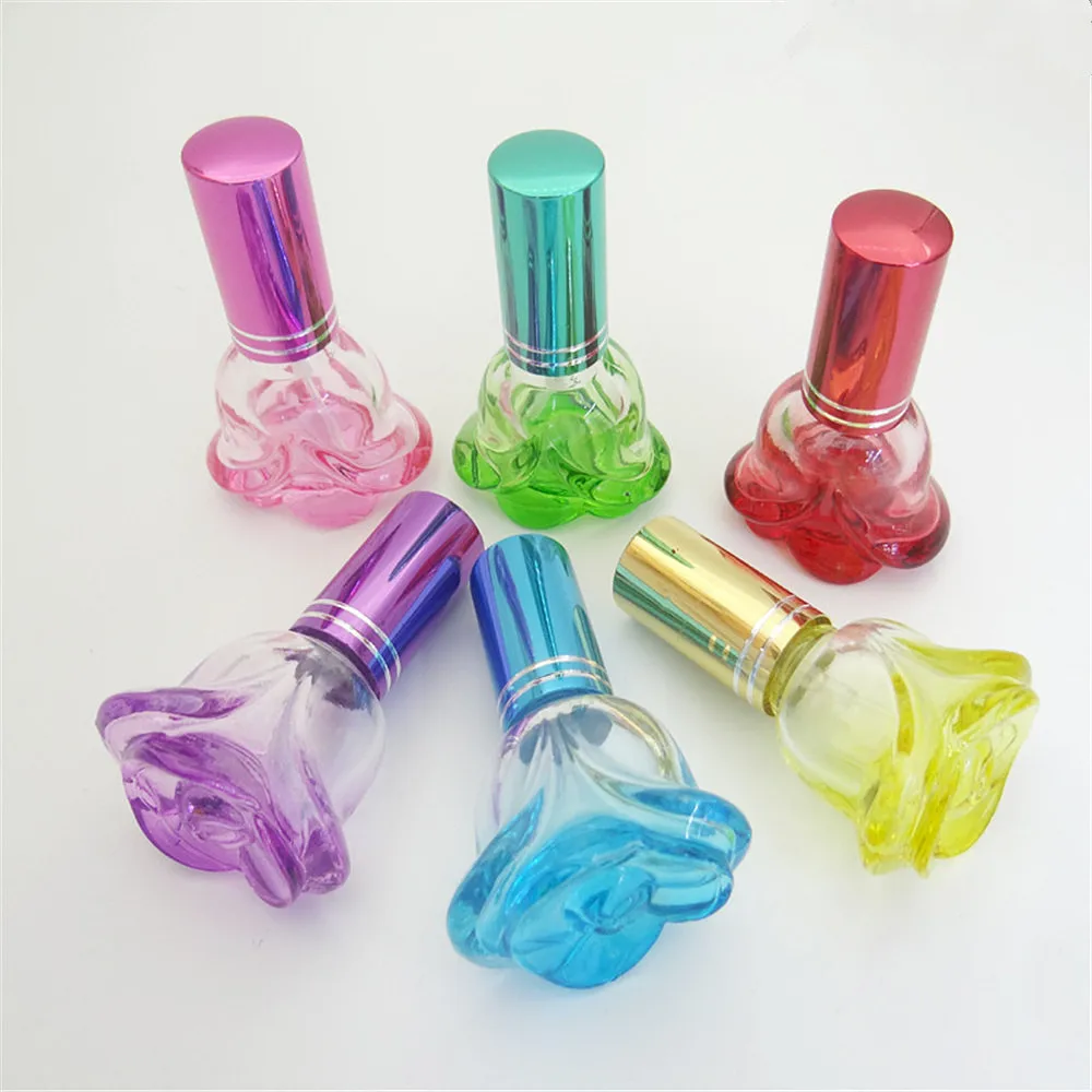 6ml Portable Colorful Rose Shaped Glass Refillable Spray Perfume Bottle Empty Atomizer Sample Vial Cosmetic Container For Travel