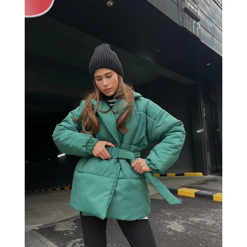 Women's Winter New Warm Cotton Padded Jacket Belt Parkas Turn-down Collar Cotton Coat Slim Solid Cotton Jacket Outerwear